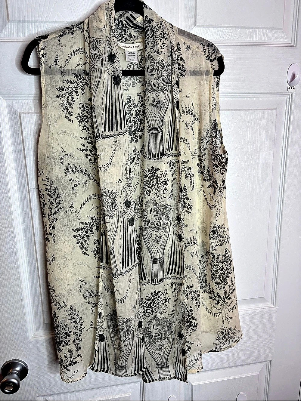 Coldwater Creek Floral Paisley Sleeveless Open Front Vest Top Ivory Black